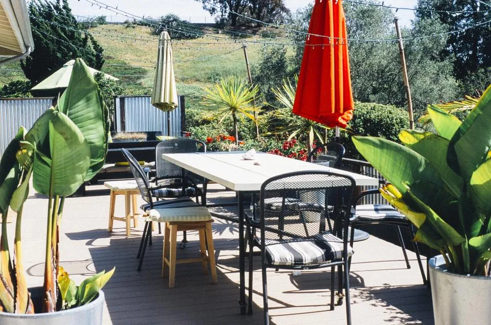 Outdoor patio dining area with a large table, umbrella and potted plants